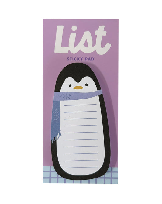A penguin-shaped sticky note pad on its lavender card backing. The card features the word 'List' in large white letters and 'STICKY PAD' underneath.