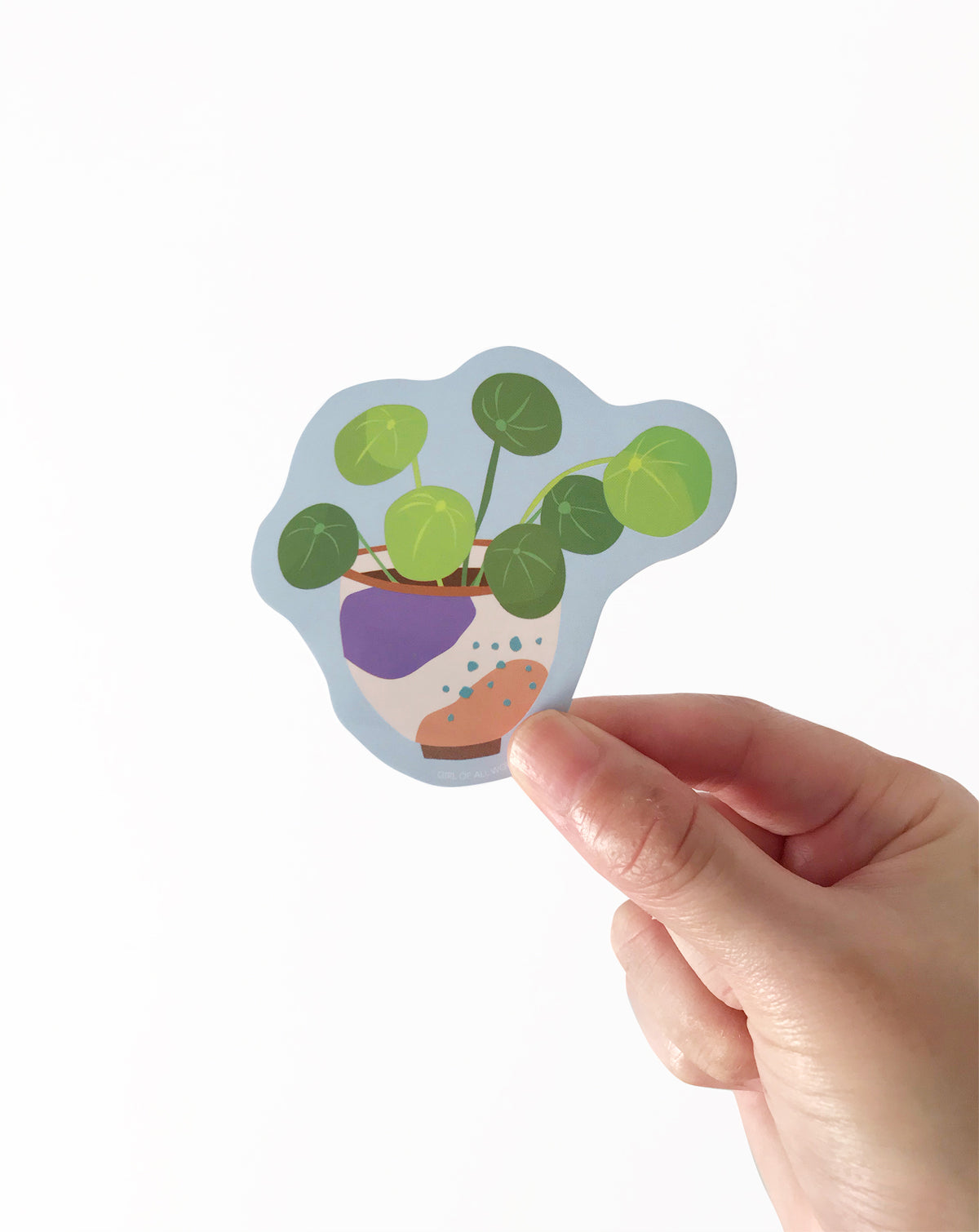 Hand holding a sticker of a potted plant with a white background