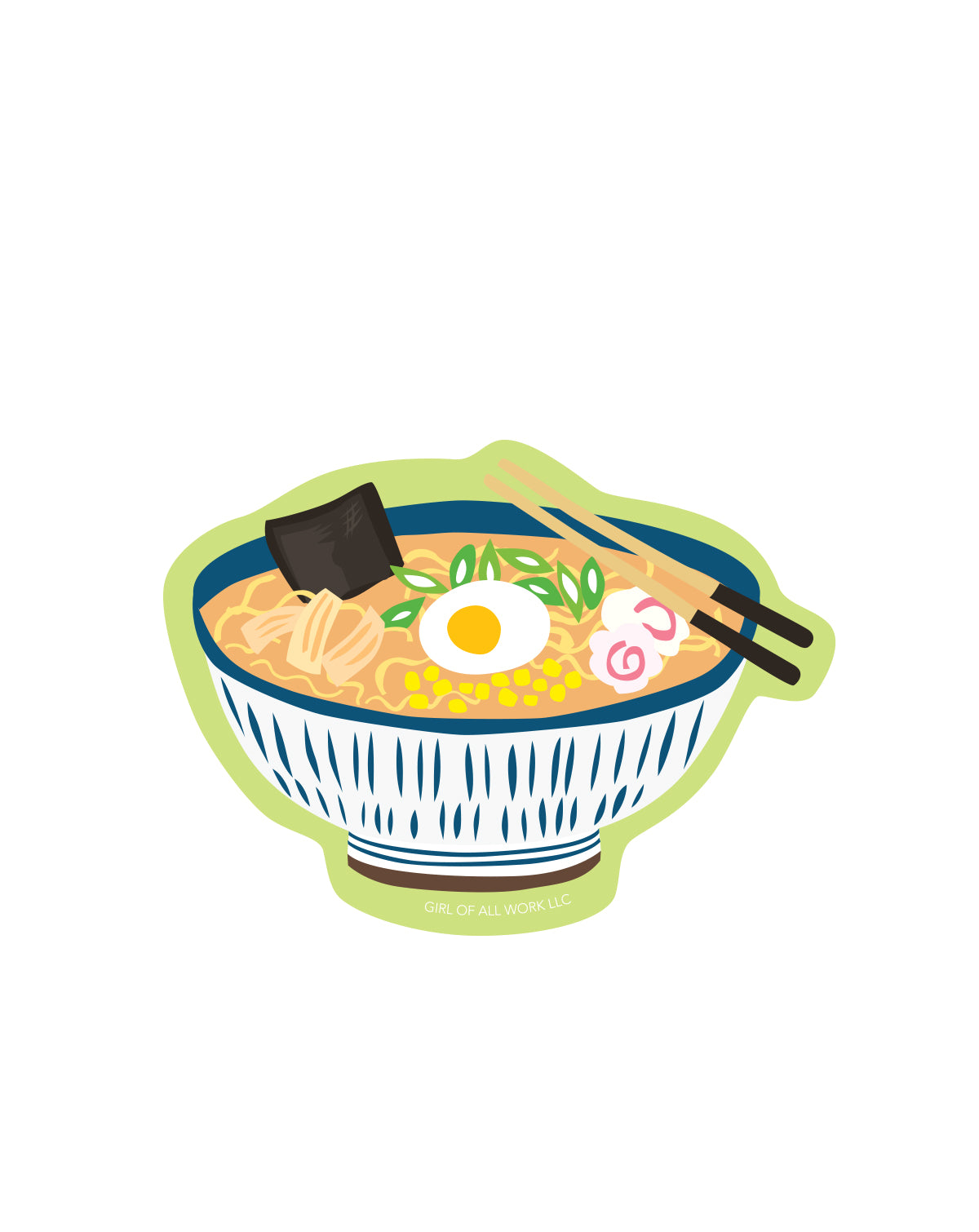Vinyl sticker featuring an illustration of a ramen bowl with chopsticks on a white background