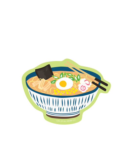Vinyl sticker featuring an illustration of a ramen bowl with chopsticks on a white background