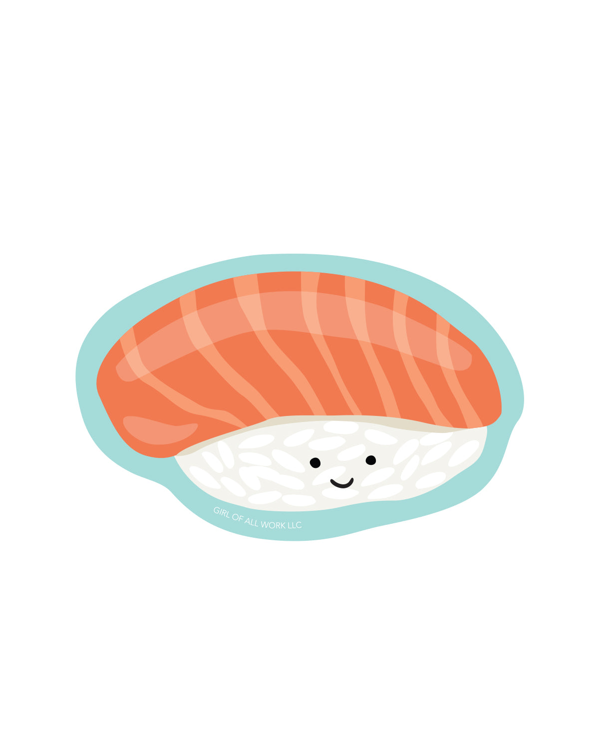 Vinyl sticker featuring an illustration of a smiling piece of salmon sushi on a white background