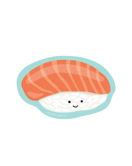 Vinyl sticker featuring an illustration of a smiling piece of salmon sushi on a white background