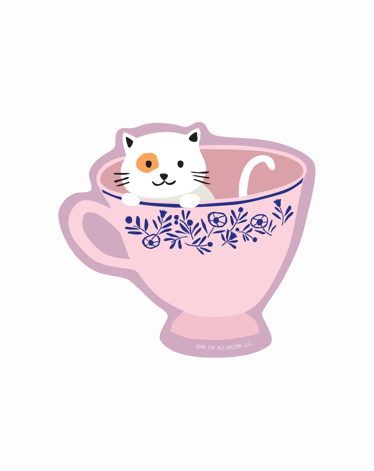 Vinyl sticker of a cat inside a pink teacup with floral design on a white background