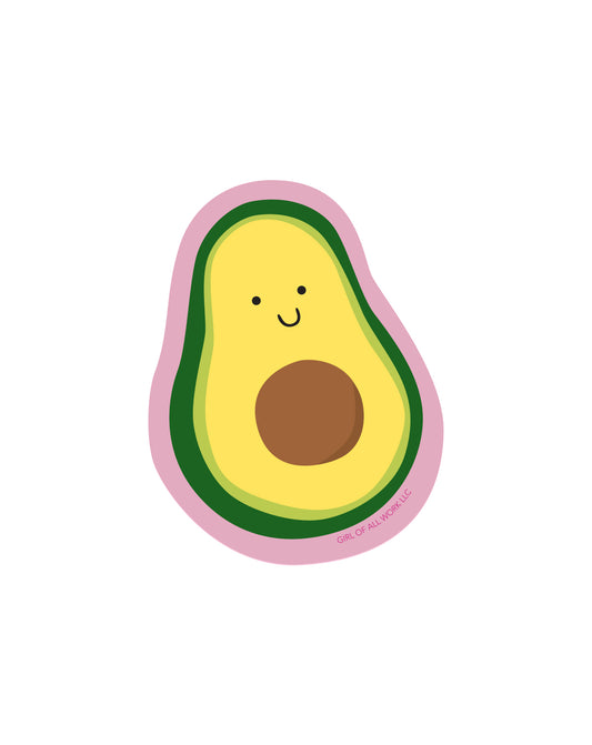 Vinyl sticker featuring an illustration of an avocado with a smiling face on a white background