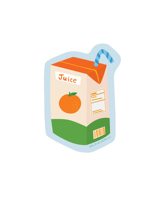 Vinyl sticker featuring an illustration of a juice box with an orange on a white background