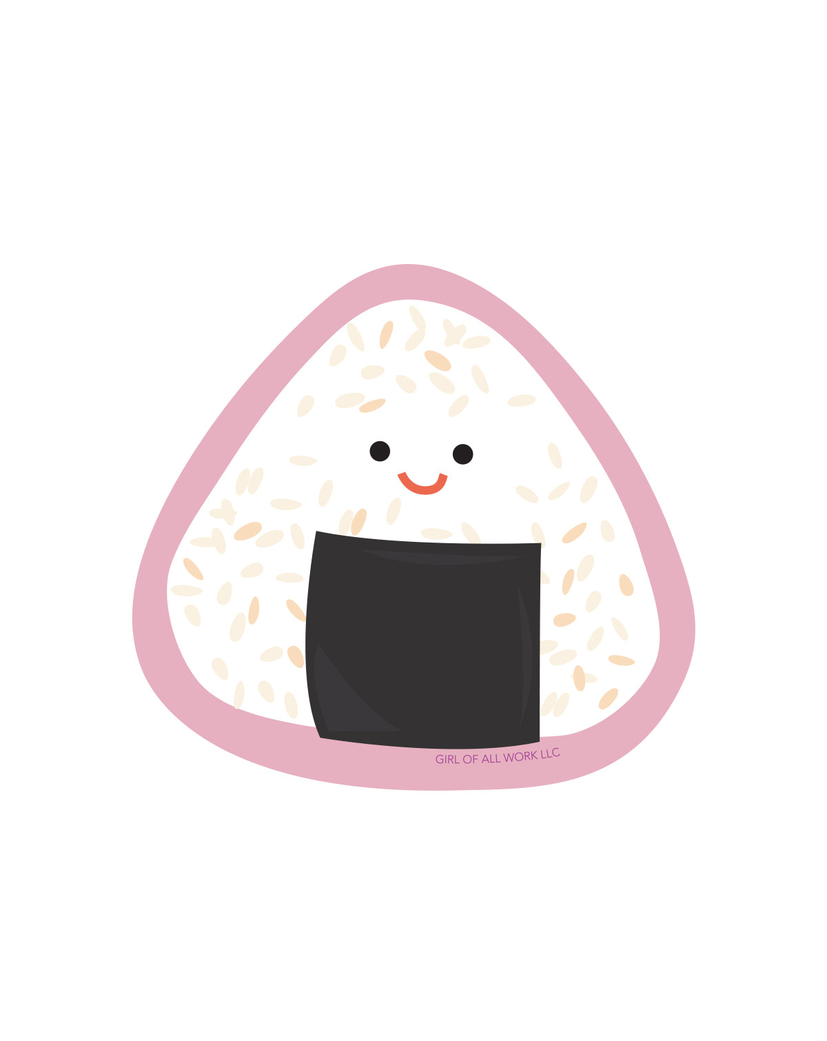 Onigiri-shaped vinyl sticker with a smiling face on a white background