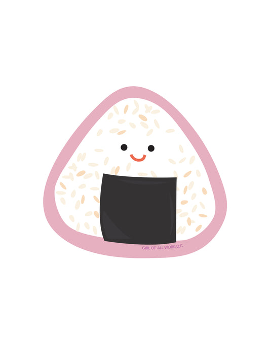Onigiri-shaped vinyl sticker with a smiling face on a white background