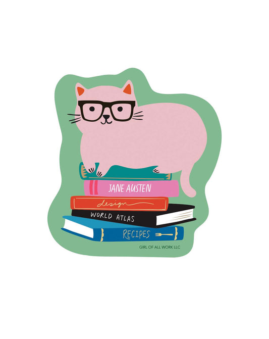 Vinyl sticker featuring an illustration of a cat wearing glasses on top of books with a green border