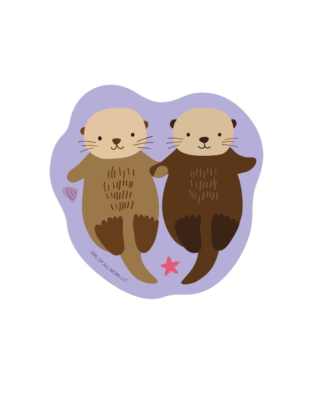 Vinyl sticker featuring two cartoon otters holding hands on a purple heart-shaped background