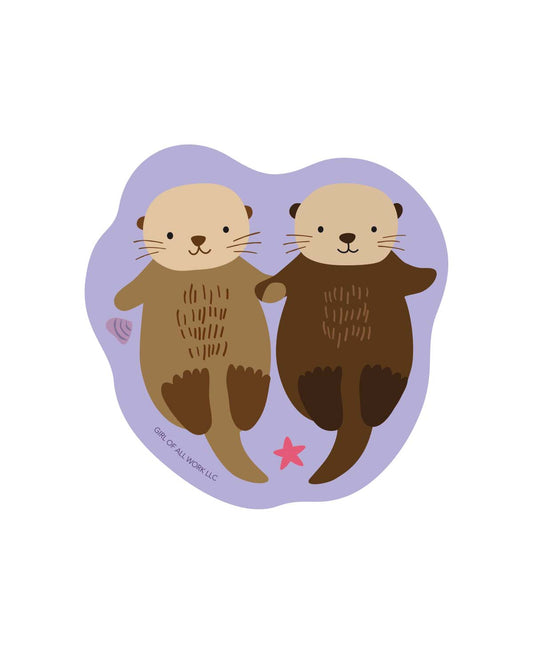 Vinyl sticker featuring two cartoon otters holding hands on a purple heart-shaped background
