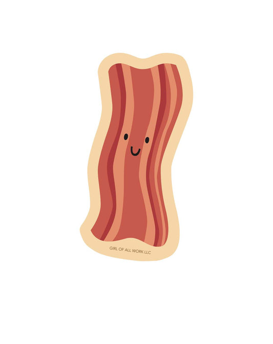 Vinyl sticker featuring a bacon with a smiling face on a white background