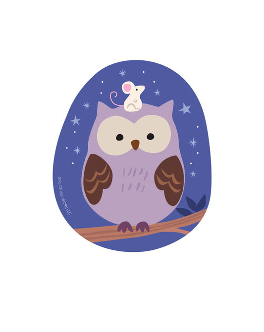 Vinyl sticker featuring an illustration of an owl with a mouse on its head against a starry night background