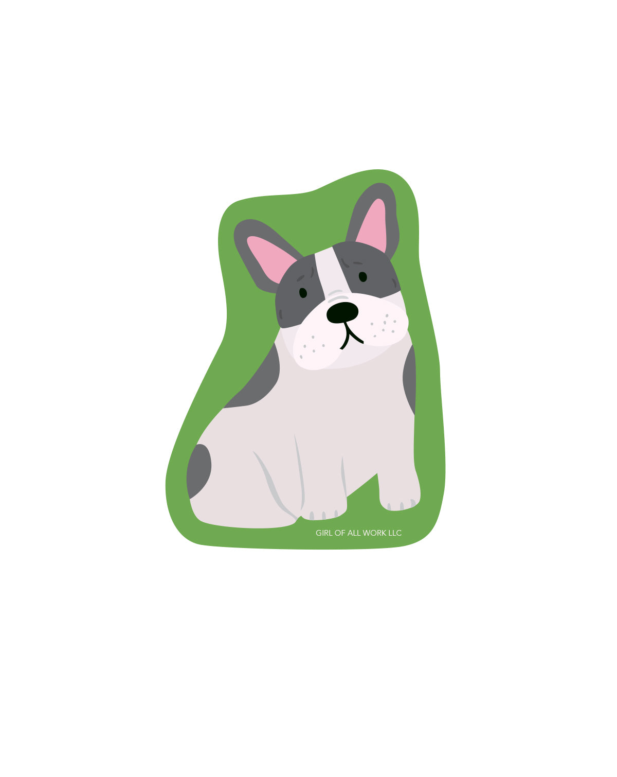 Vinyl sticker of illustration of a french bulldog on a green background