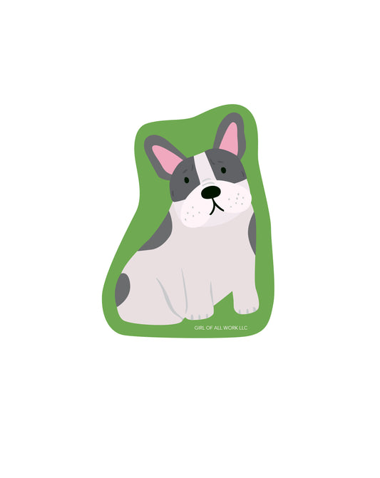 Vinyl sticker of illustration of a french bulldog on a green background