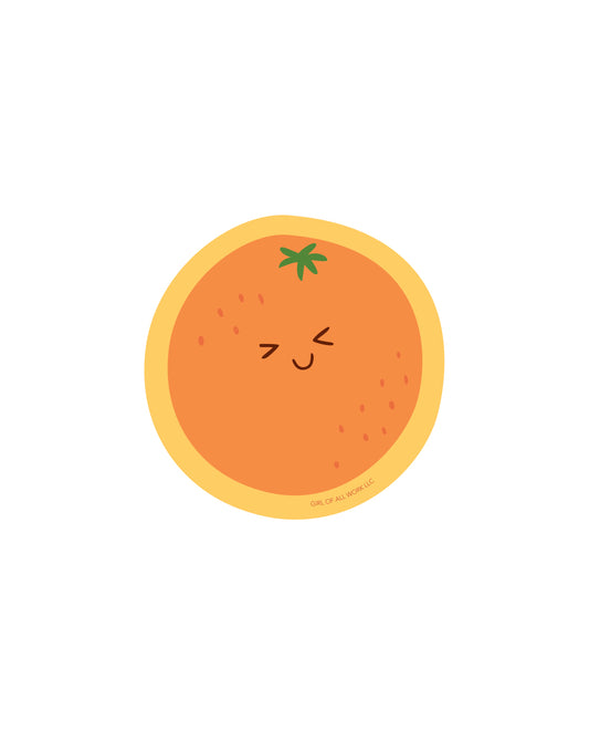 Vinyl sticker featuring an orange with a smiling face on a white background