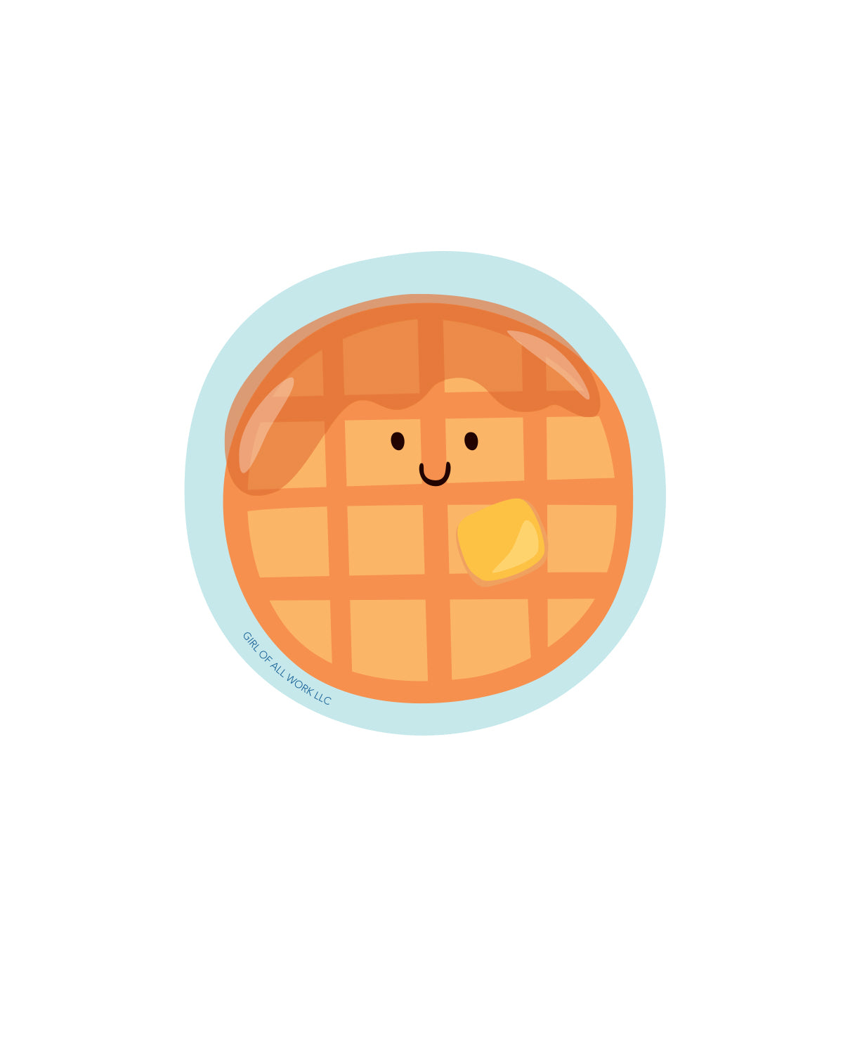 Vinyl sticker featuring a cute smiling waffle on a white background