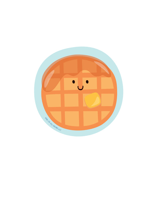 Vinyl sticker featuring a cute smiling waffle on a white background