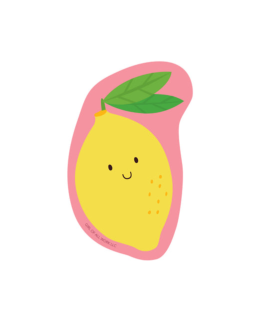 Vinyl sticker of a smiling lemon with a pink border on a white background