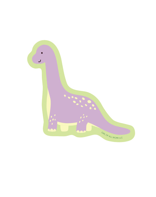 Vinyl sticker of a purple dinosaur with green outline on a white background