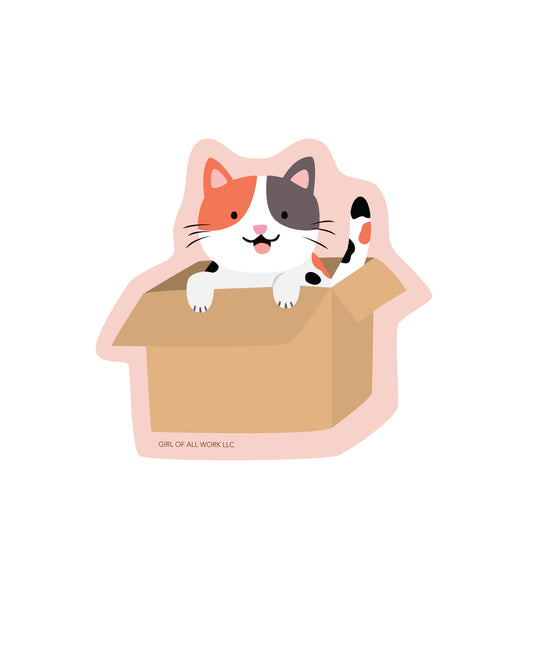 Vinyl sticker of a cat inside a cardboard box on a white background