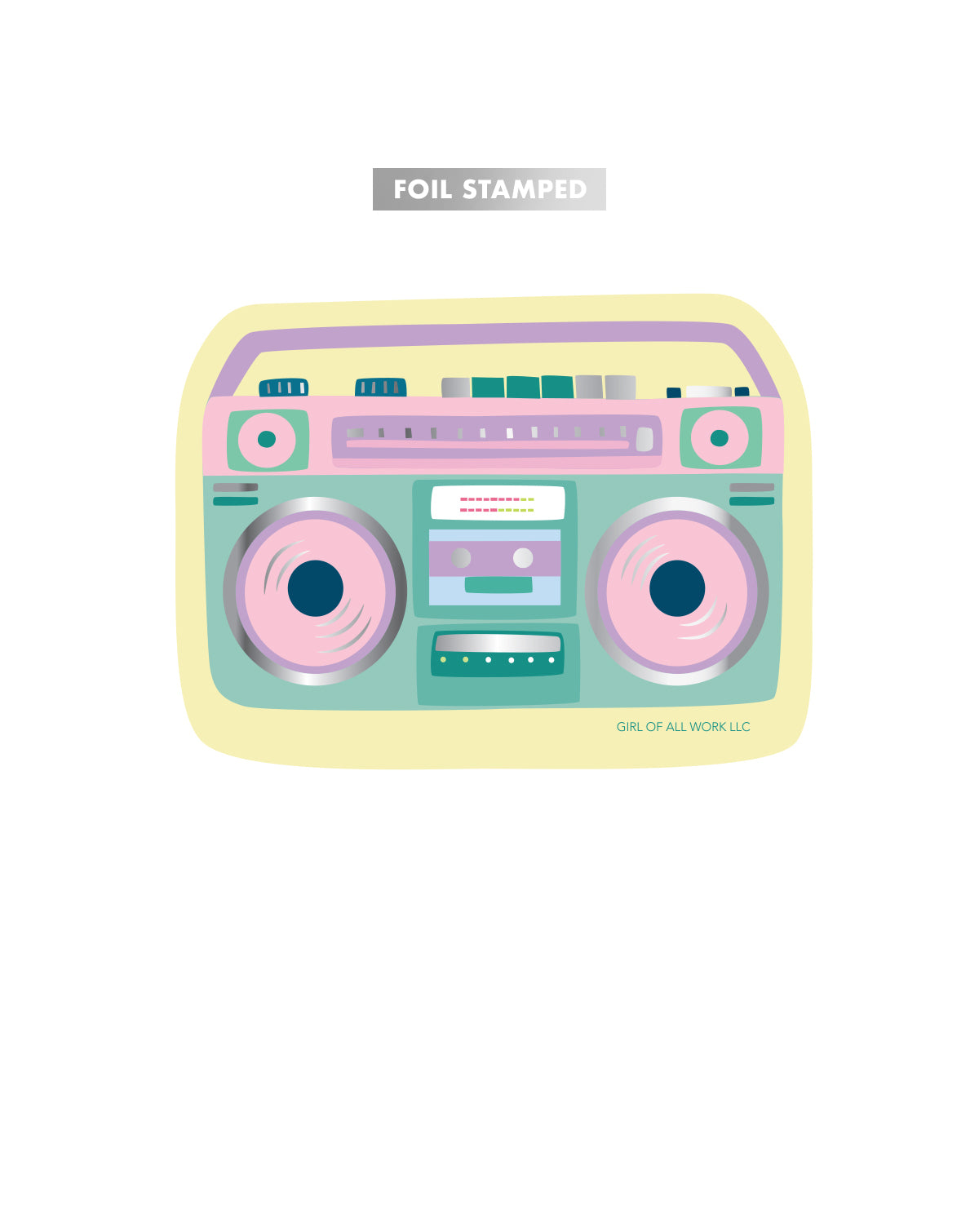 Vinyl sticker featuring a pastel-colored boombox illustration on a white background labeled with the words "foil stamped."