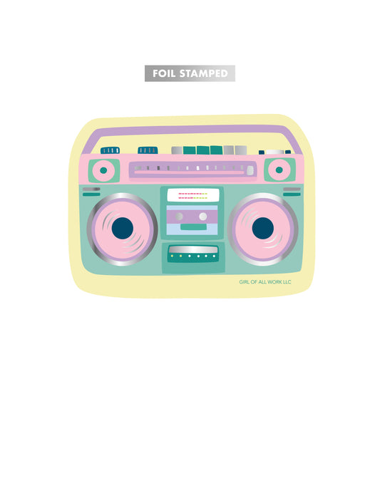 Vinyl sticker featuring a pastel-colored boombox illustration on a white background labeled with the words "foil stamped."