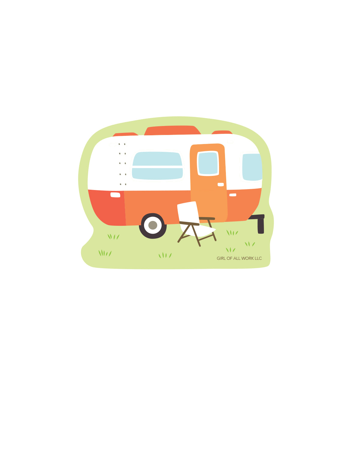 Vinyl sticker featuring an illustration of a retro-style trailer with a chair on a white background