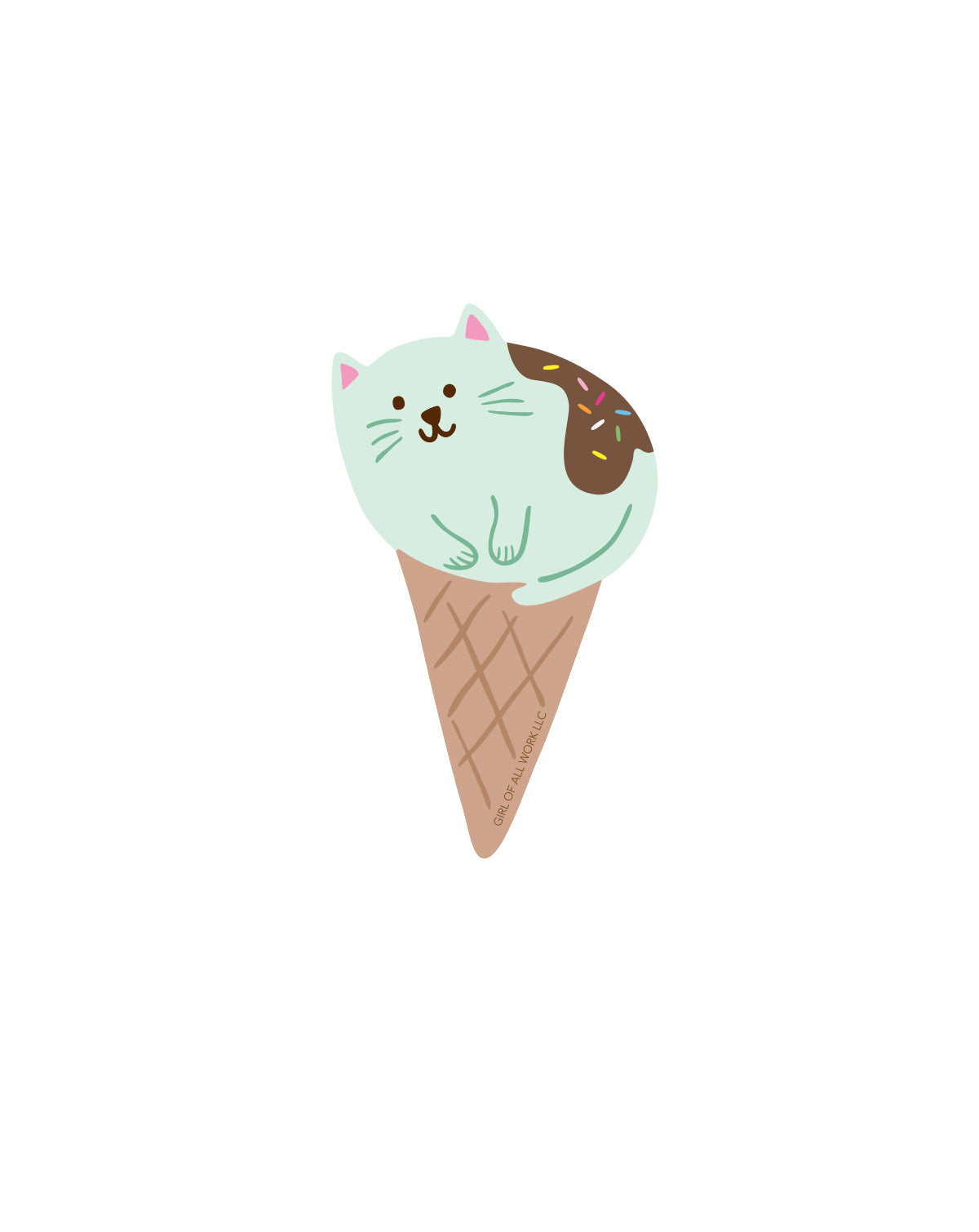 Vinyl sticker featuring an ice cream cone with a cat on top against a white background