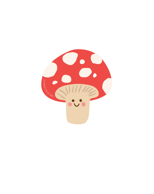 Vinyl sticker featuring smiling mushroom with a red cap and white spots on a white background