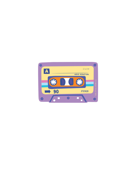 Vintage-style cassette tape vinyl sticker with colorful design on a white background