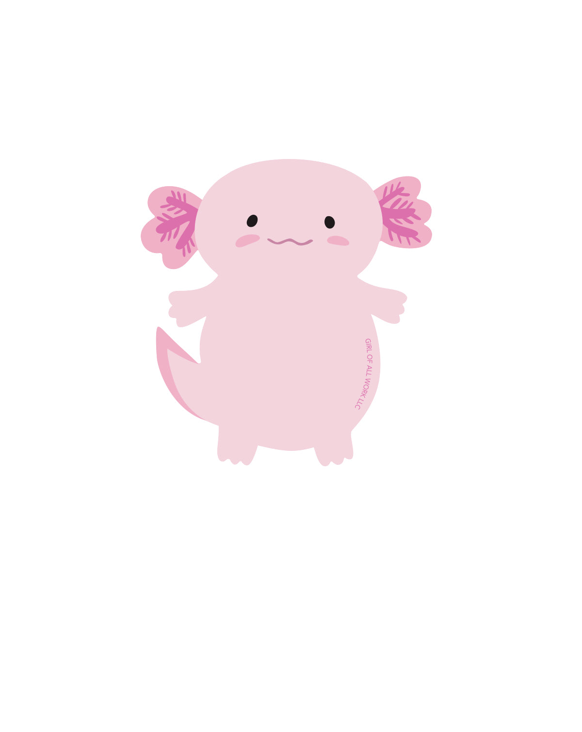 Cute pink axolotl vinyl sticker with a die-cut shape.