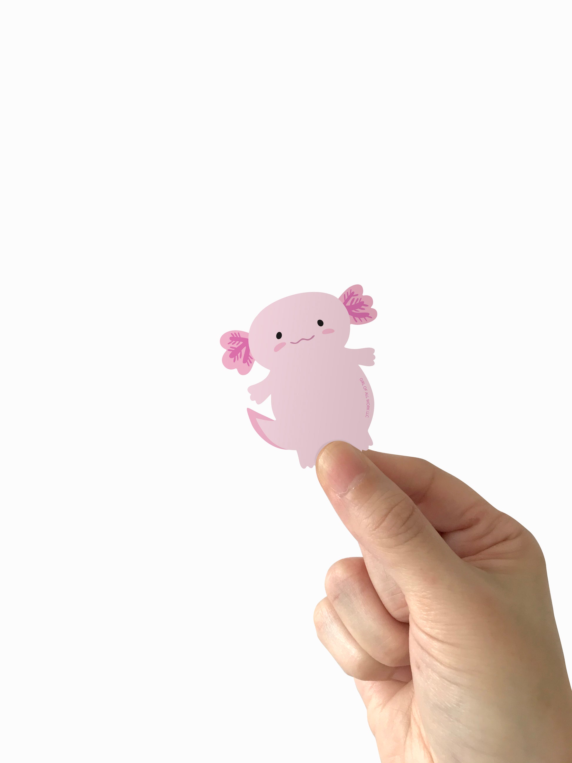 A hand holding a small pink axolotl-shaped sticker against a plain white background.