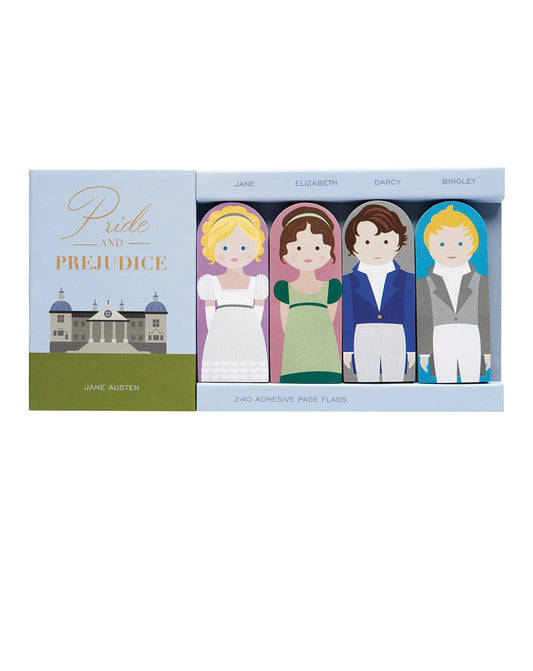 Set of page flags featuring characters from Pride and Prejudice by Jane Austen on a white background