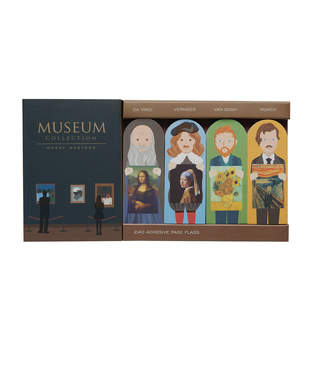 Packaging of Museum Collection Great Masters adhesive page flags with illustrations of famous artists and their artwork.