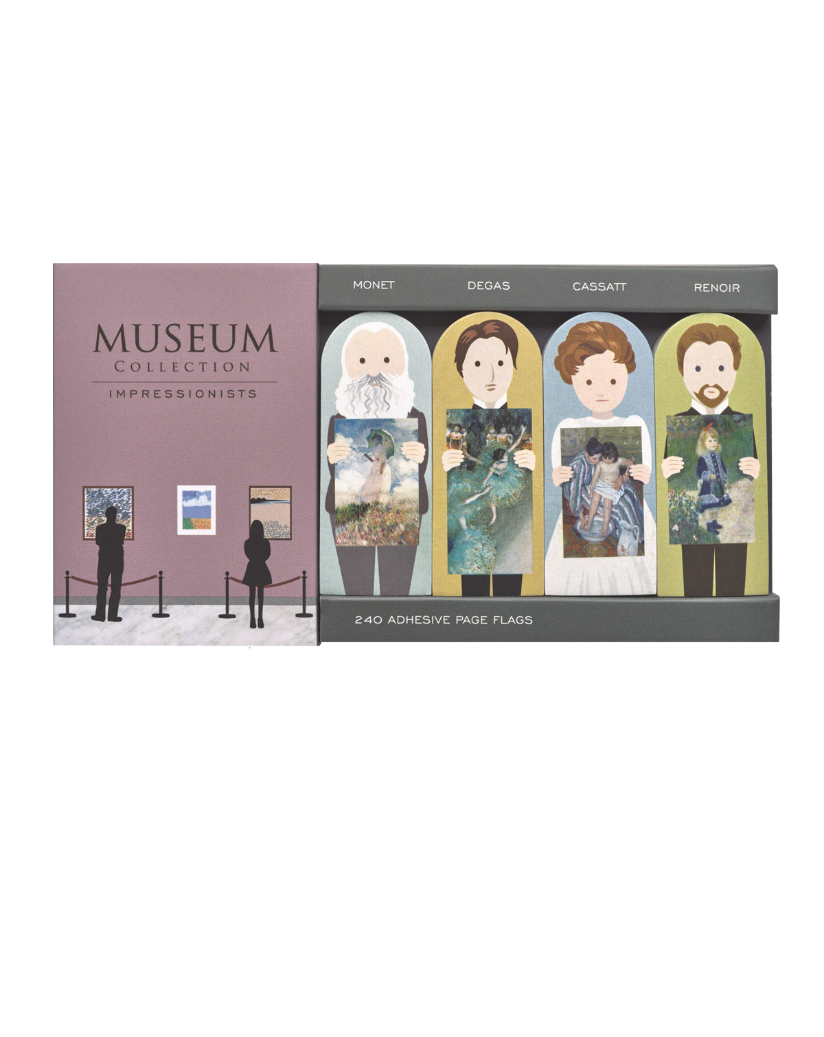 A set of page flags featuring different visual artists throughout history holding up their paintings on white background
