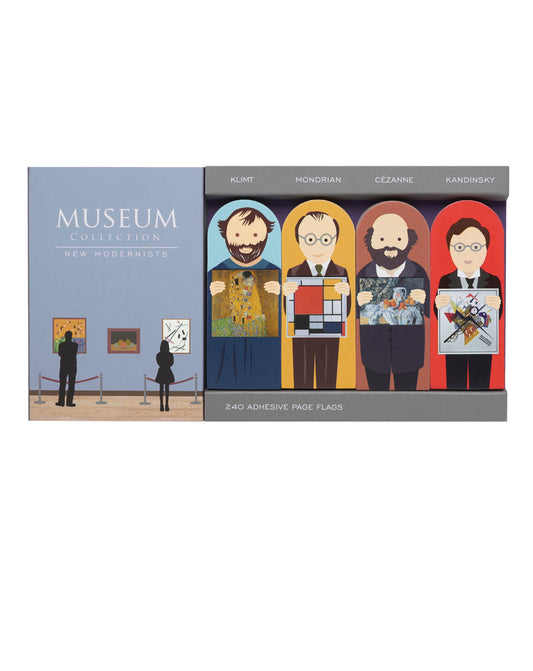 A set of page flags featuring different visual artists throughout history holding up their paintings on white background