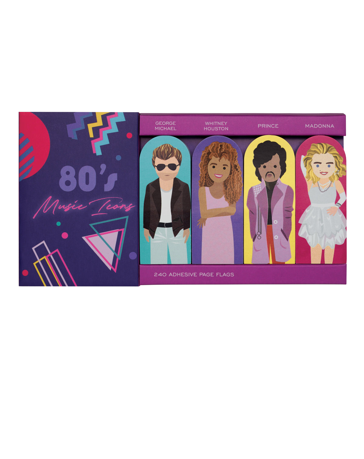 Pack of 80s music icons adhesive page flags with colorful design on a white background
