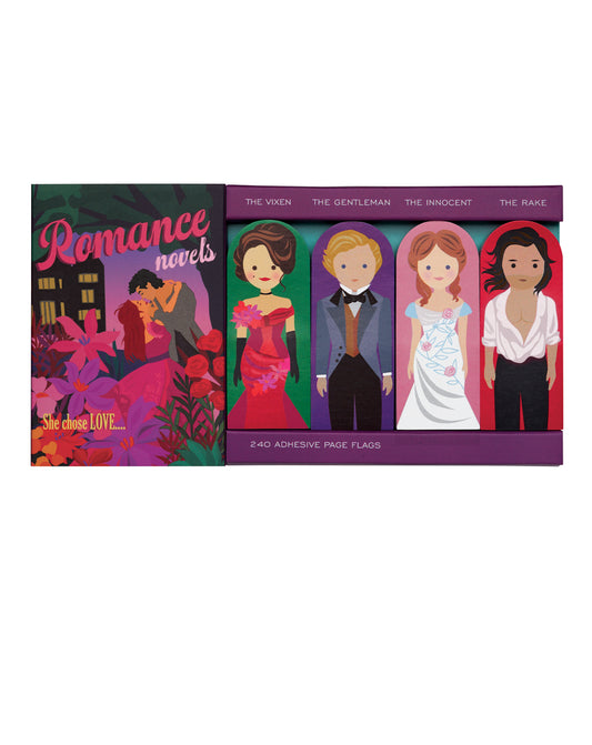 Pack of romance novel character flags with colorful illustrations on a white background