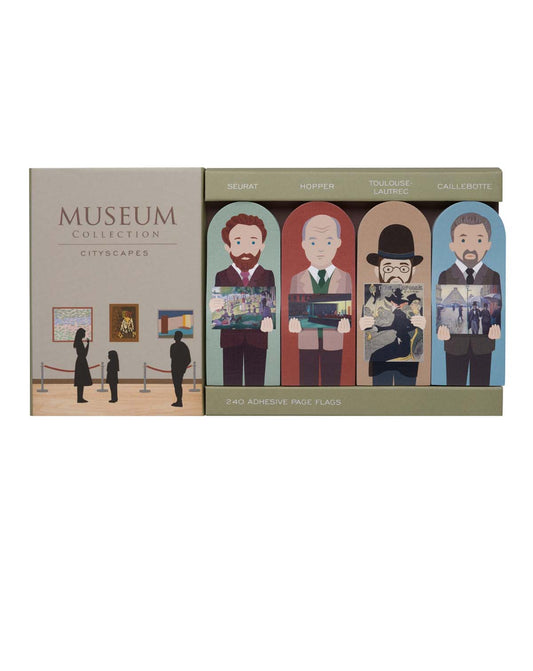 A set of page flags featuring different visual artists throughout history holding up their paintings on white background