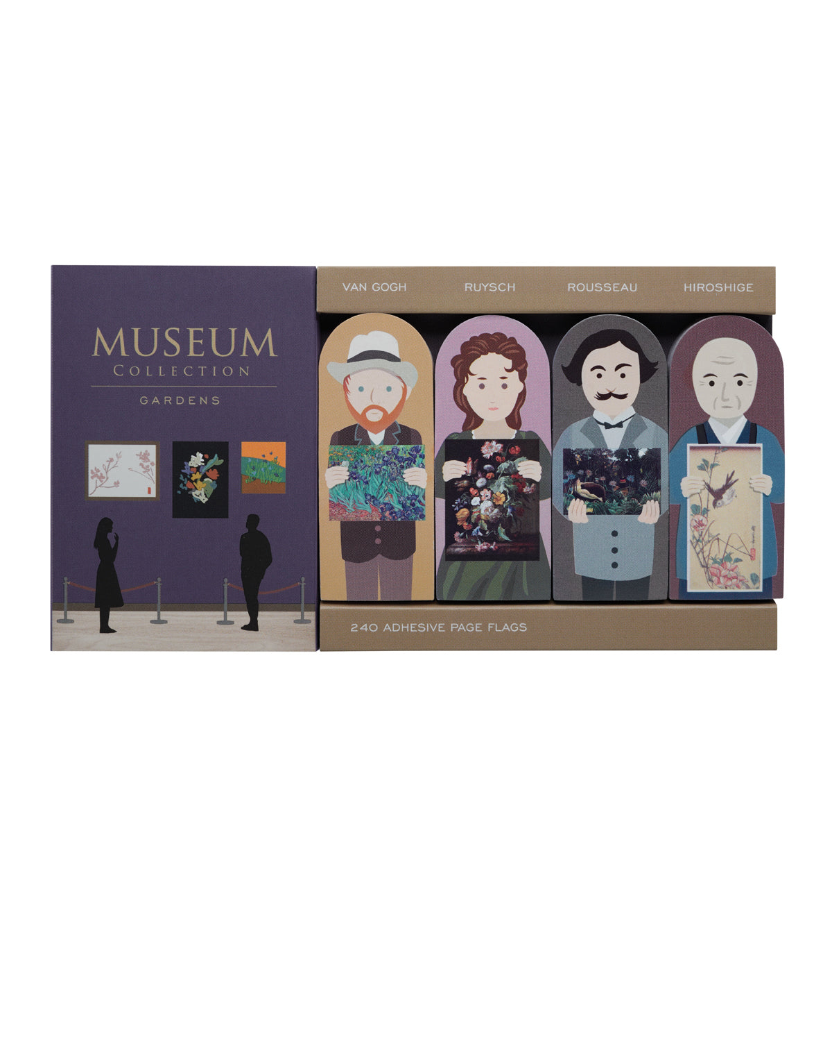 A set of page flags featuring different visual artists throughout history holding up their paintings.