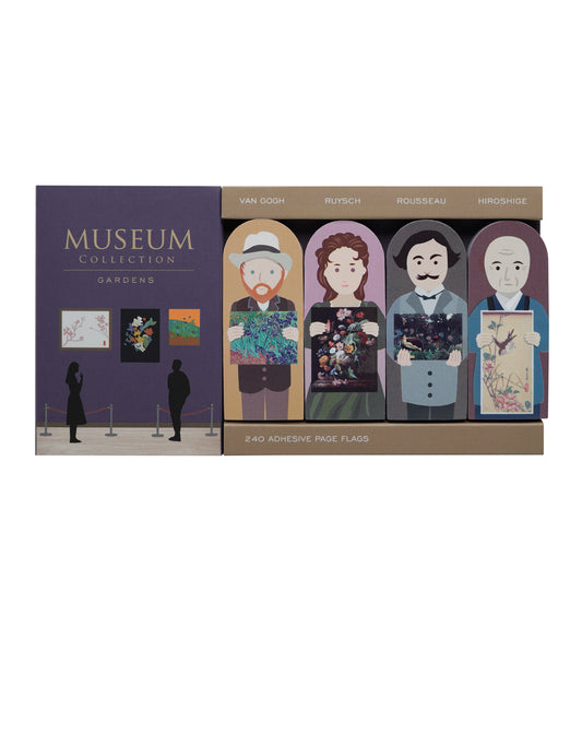 A set of page flags featuring different visual artists throughout history holding up their paintings.
