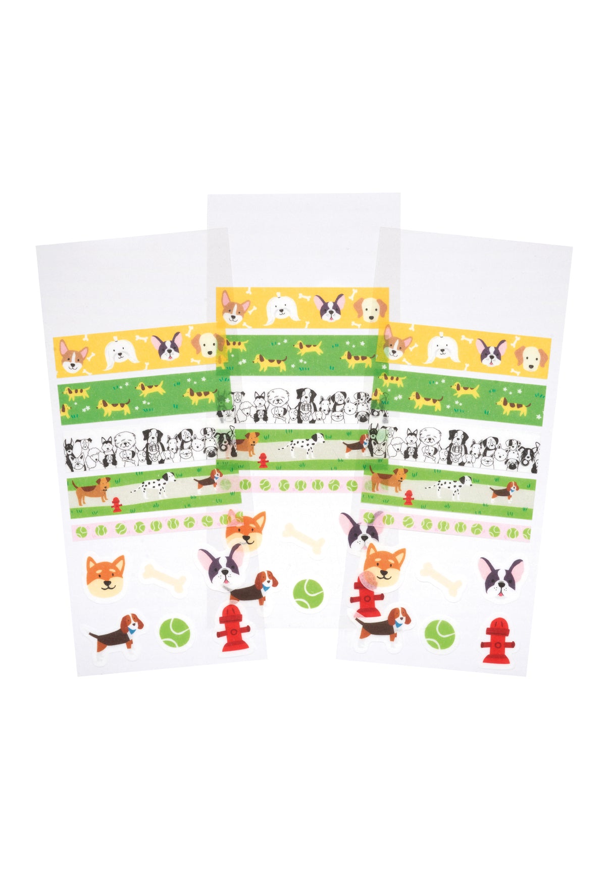 3 sheets of dog-themed washi strips and stickers on a white background.
