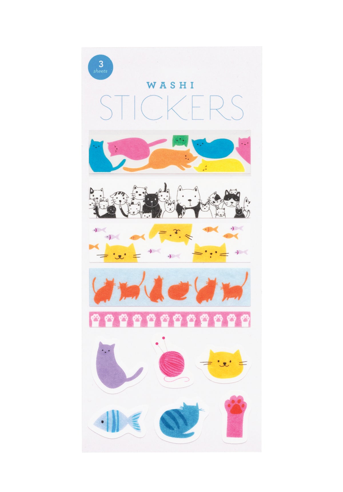 Pack of washi stickers with colorful cat designs on a white background