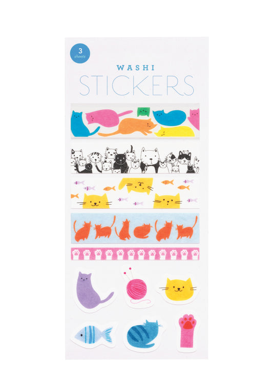 Pack of washi stickers with colorful cat designs on a white background