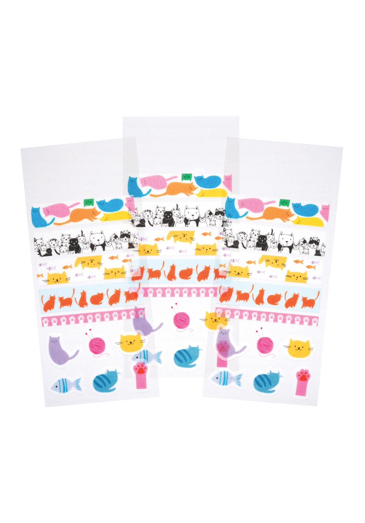3 sheets of cat-themed washi strips and stickers on a white background.