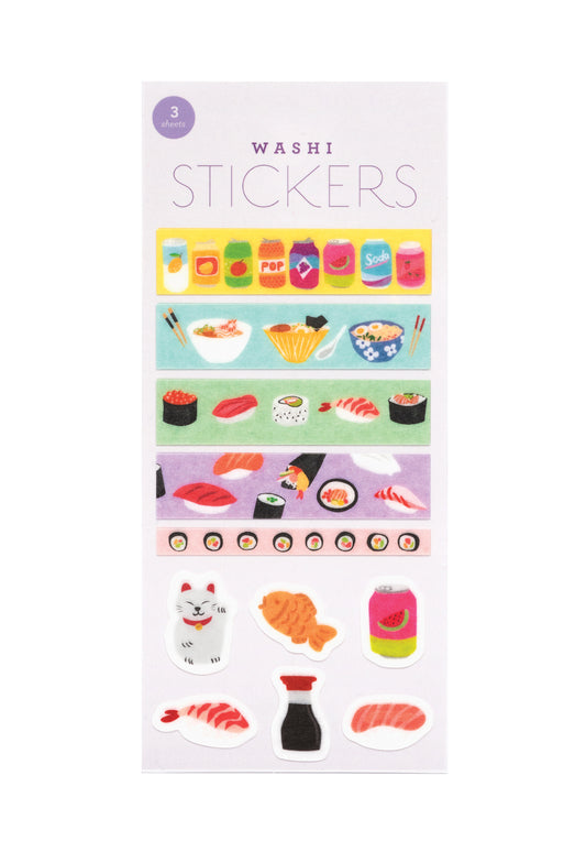 Pack of washi stickers with various asian food-themed designs on a white background