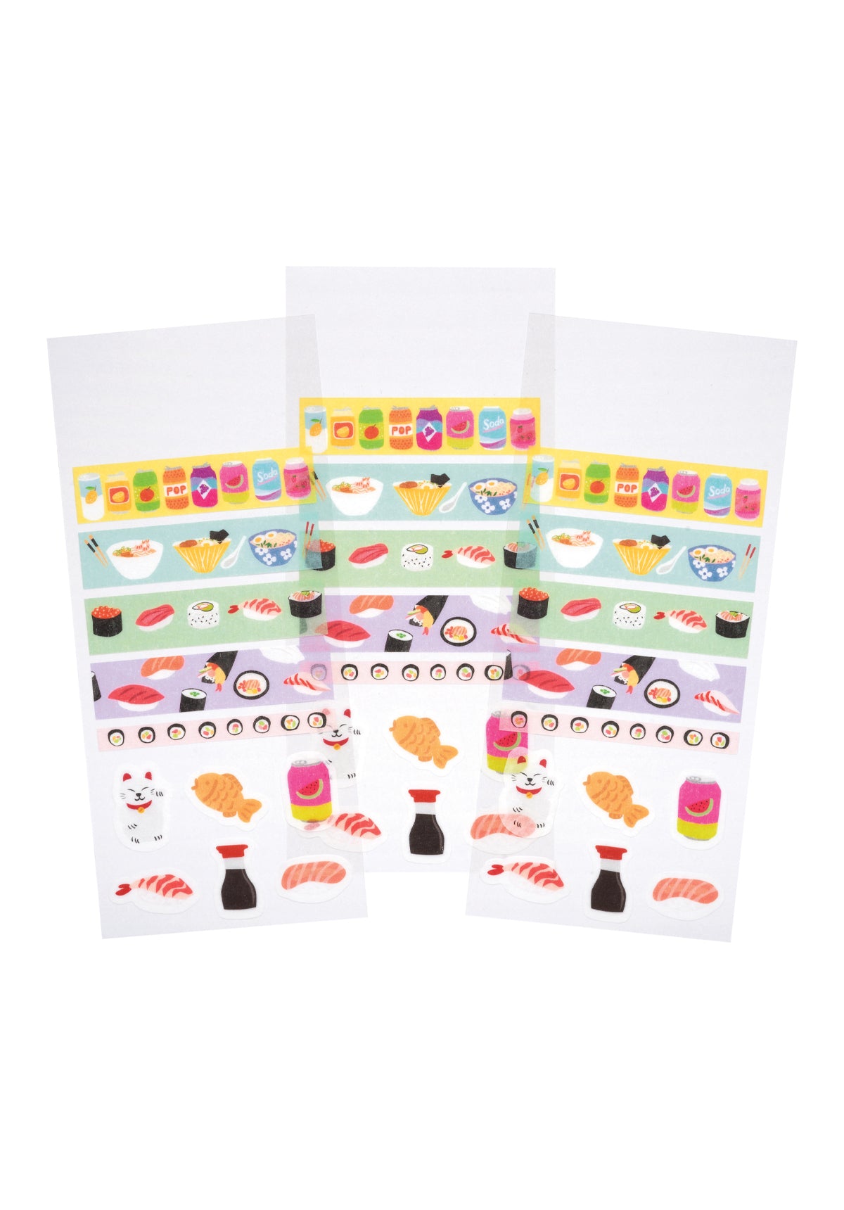 3 sheets of asian food-themed washi strips and stickers on a white background.