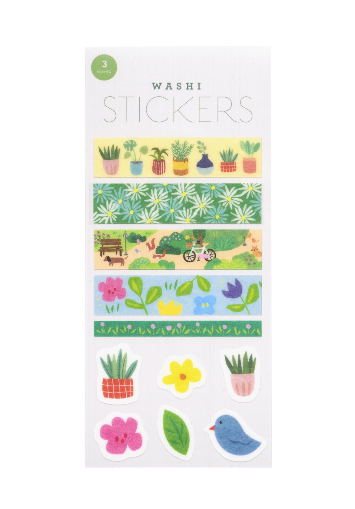 Pack of washi stickers with floral-themed designs on a white background