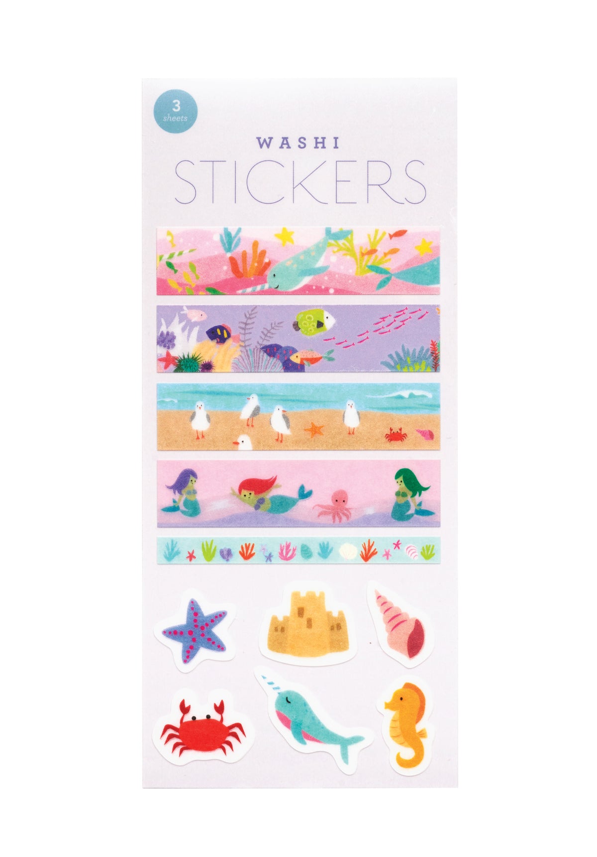Pack of washi stickers with ocean-themed designs on a white background