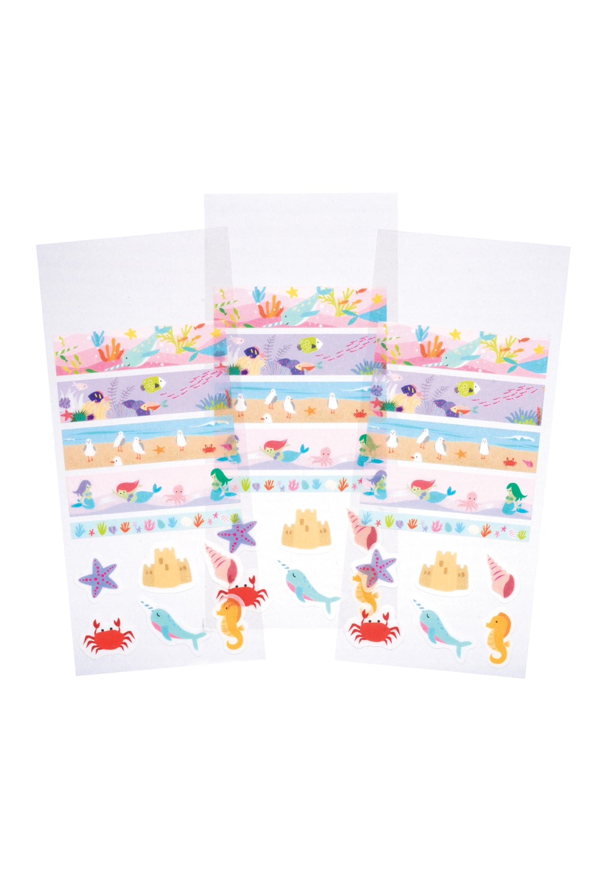 3 sheets of ocean-themed washi strips and stickers on a white background.